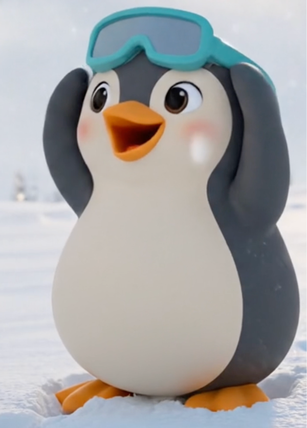 Puddles penguin with her classic goggles on a snowy background

